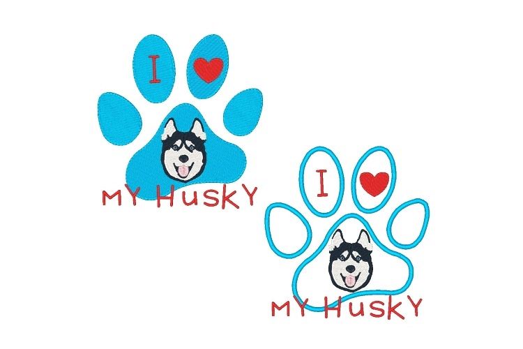 Husky Paw Print Machine Embroidery Design Set of 2 example image 1