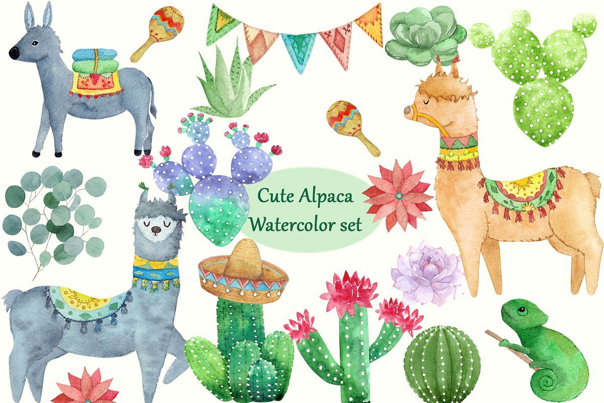 Cute Alpaca Watercolor Set example image 1