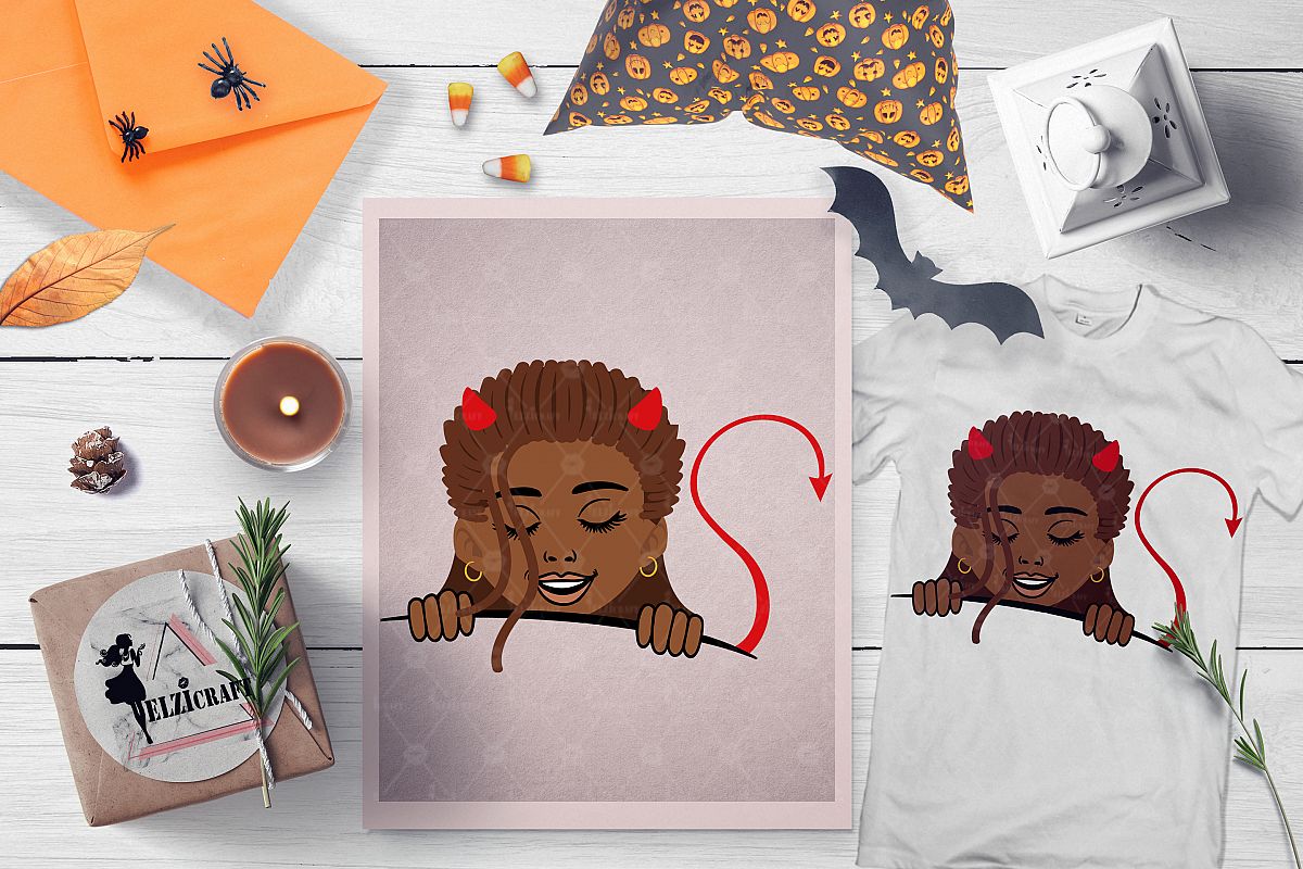 Halloween Afro Peeking Kid Little Devil Girl SVG Cut File example image 1