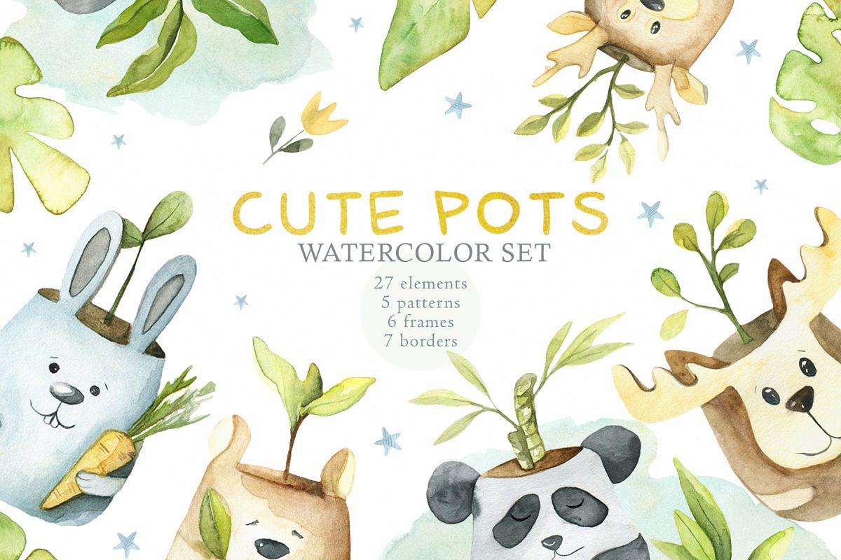 Cute Pots Watercolor Set example image 1