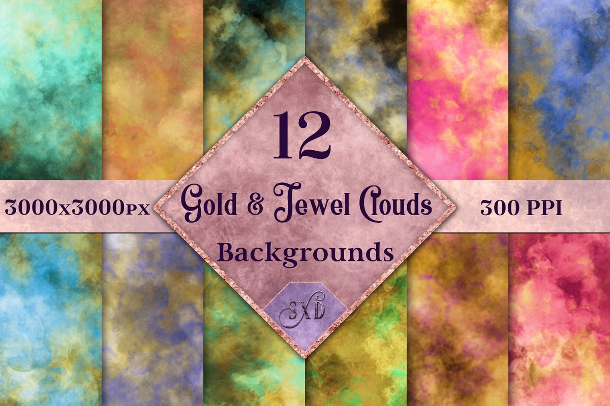 Gold and Jewel Colour Clouds Backgrounds - 12 Image Set example image 1