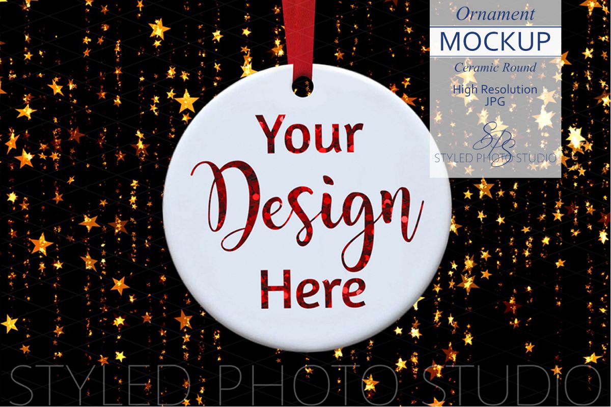 Ceramic Christmas Ornament Mockup with Gold Stars example image 1