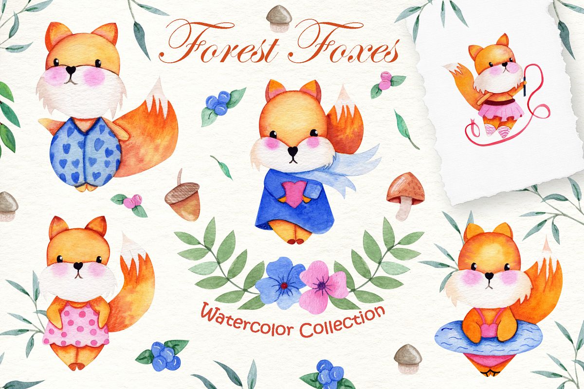 Watercolor Foxes Collection example image 1