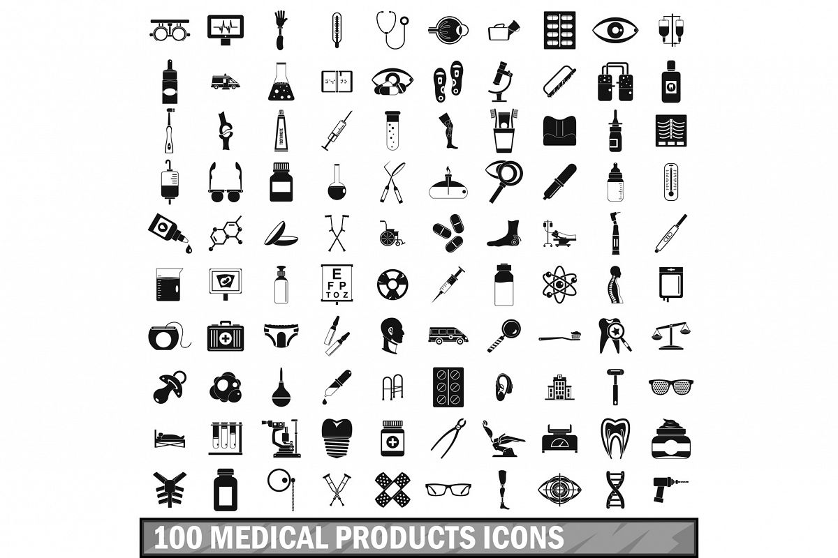 100 medical products icons set, simple style example image 1