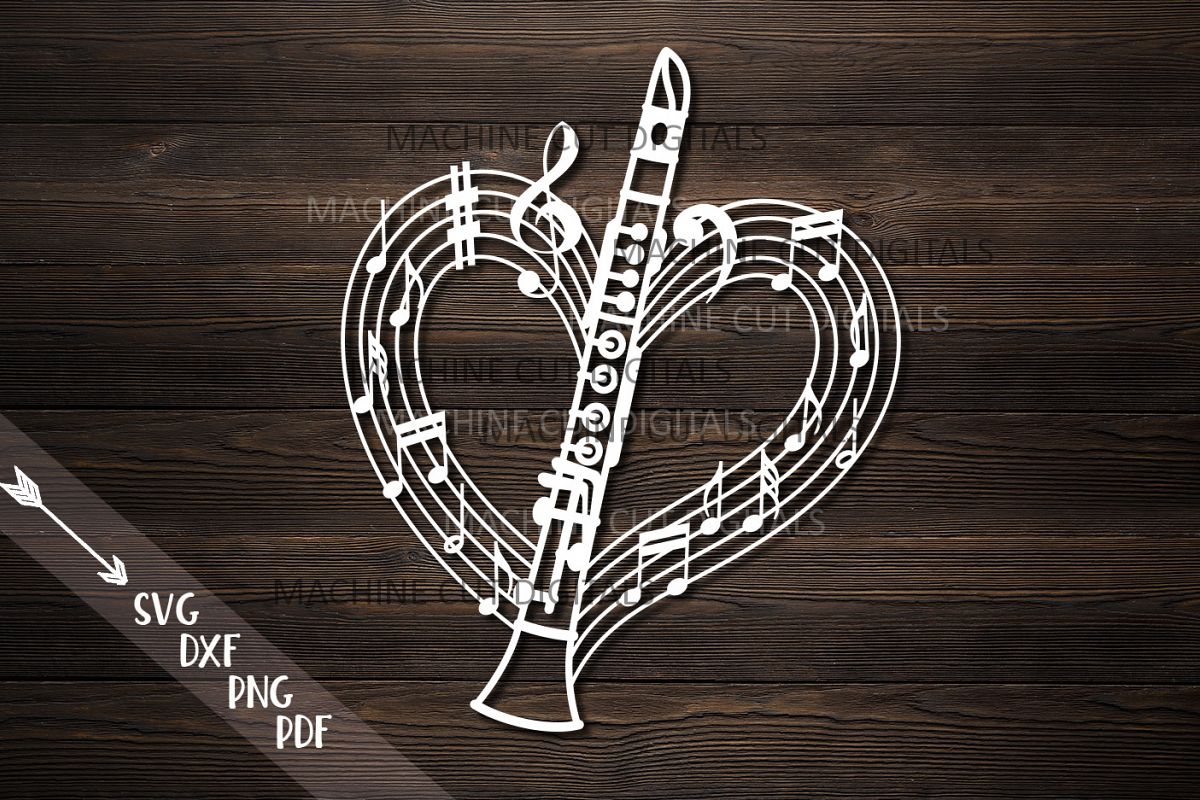 Clarinet musical heart shape svg dxf laser cut out template (366680