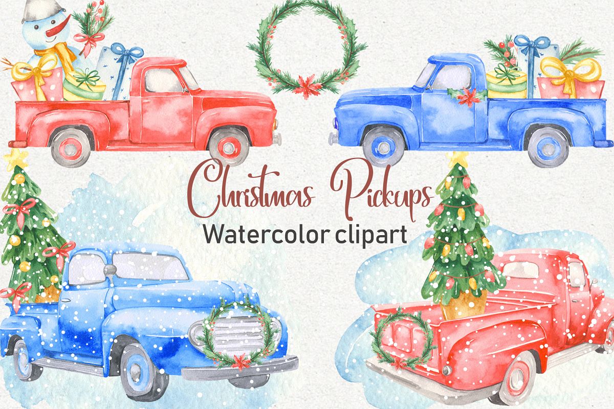 Christmas pickup Watercolor clipart and Christmas elements example image 1