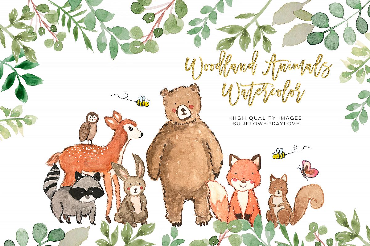 Nursery woodland watercolor clip art, Bear clipart