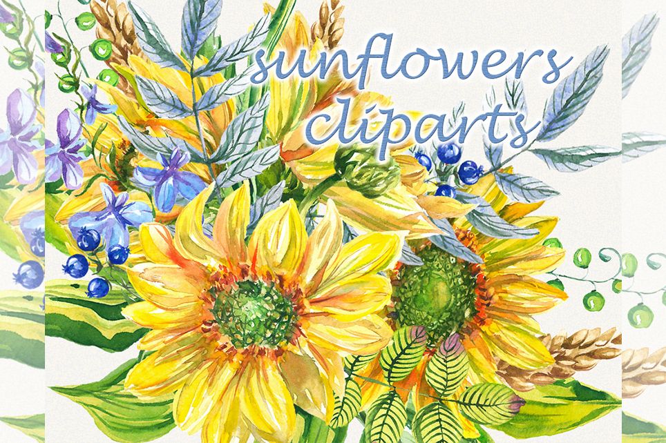 Sunflower clipart, sunflower watercolor clipart, floral example image 1
