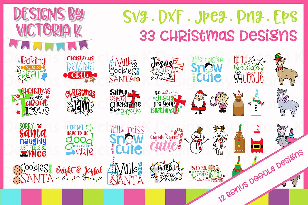 33 Christmas designs, 12 bonus doodle designs, SVG, DXF example image 1