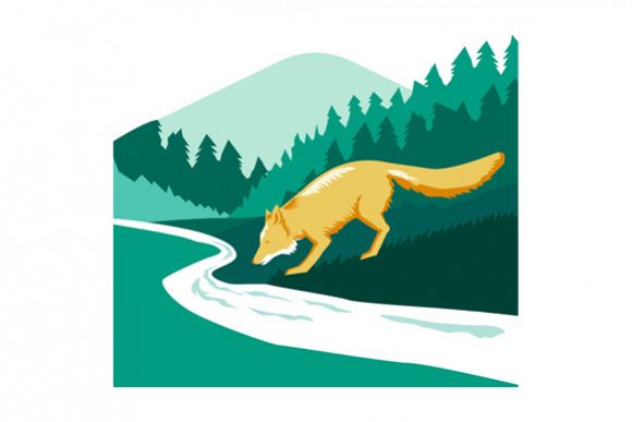 Fox Drinking River Creek Woods Square Retro example image 1