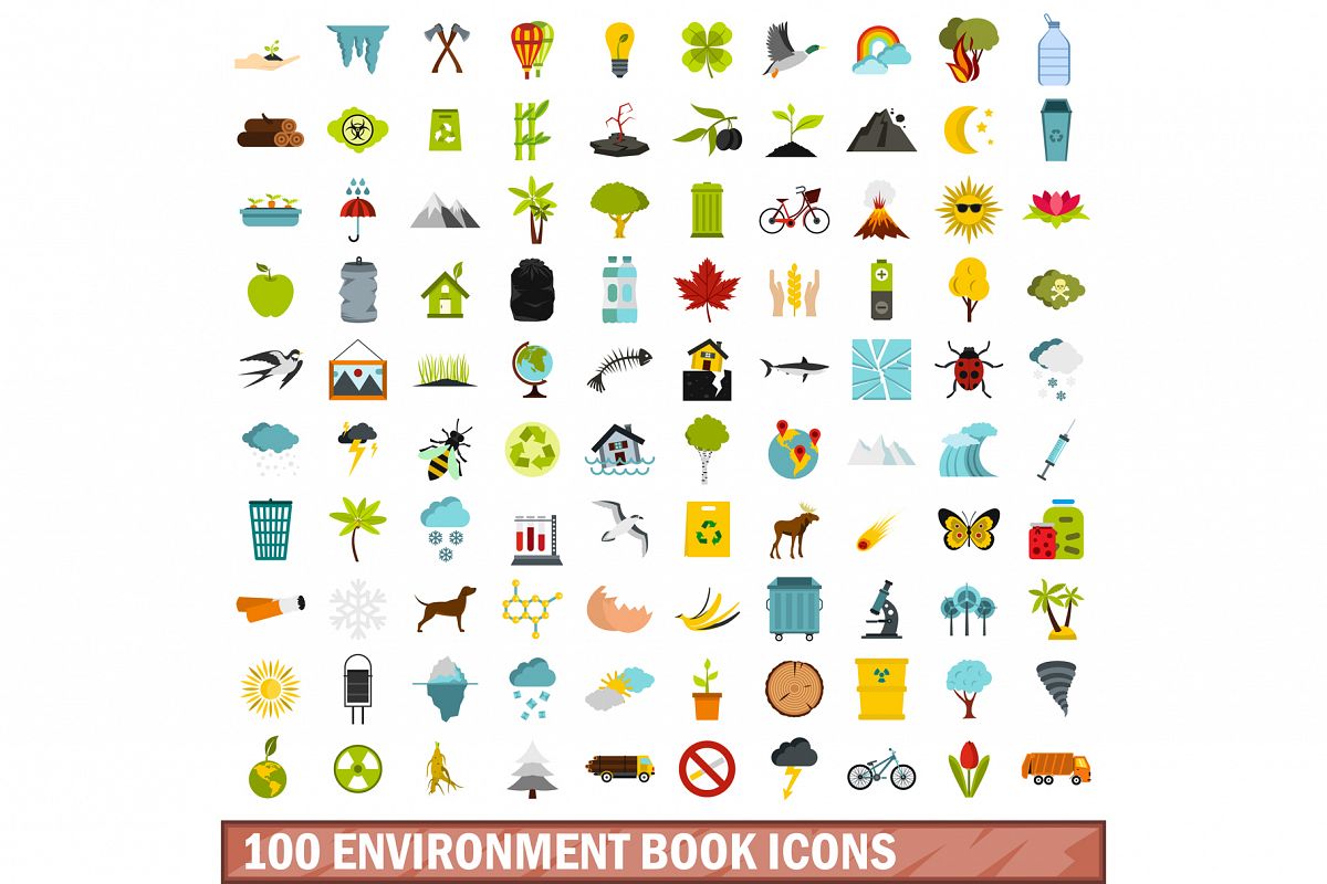 100 environment book icons set, flat style example image 1
