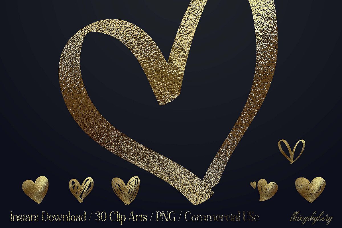 30 Realistic 24k Gold Metallic Hand Drawn Heart Clip Arts example image 1