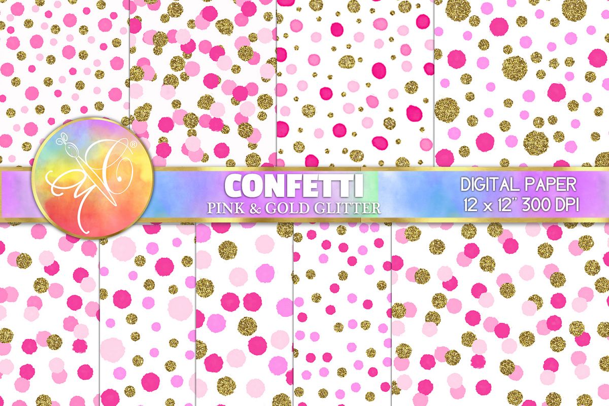 Confetti Digital Paper, Pink and Gold, Digital Background example image 1