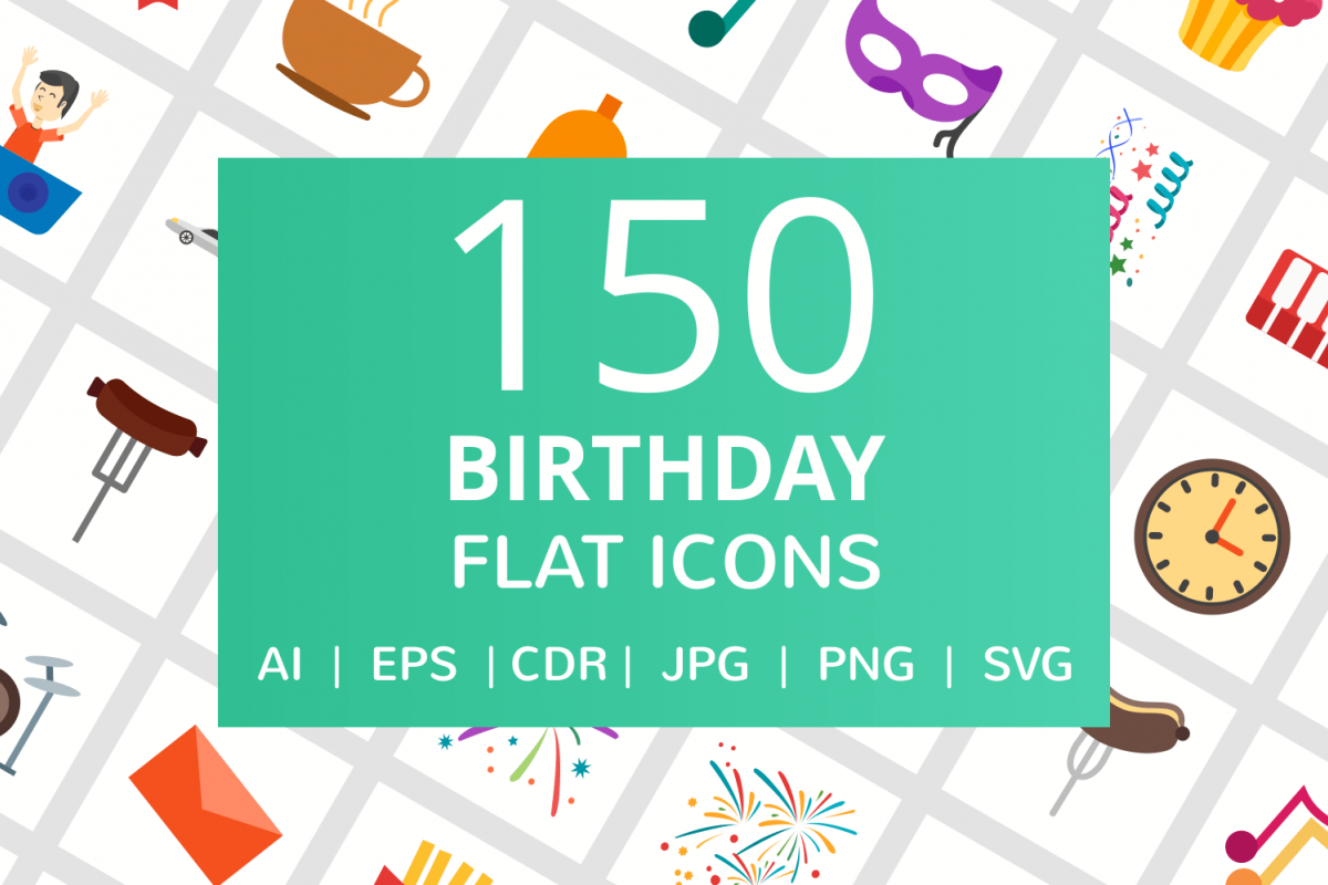 150 Birthday Flat Icons example image 1