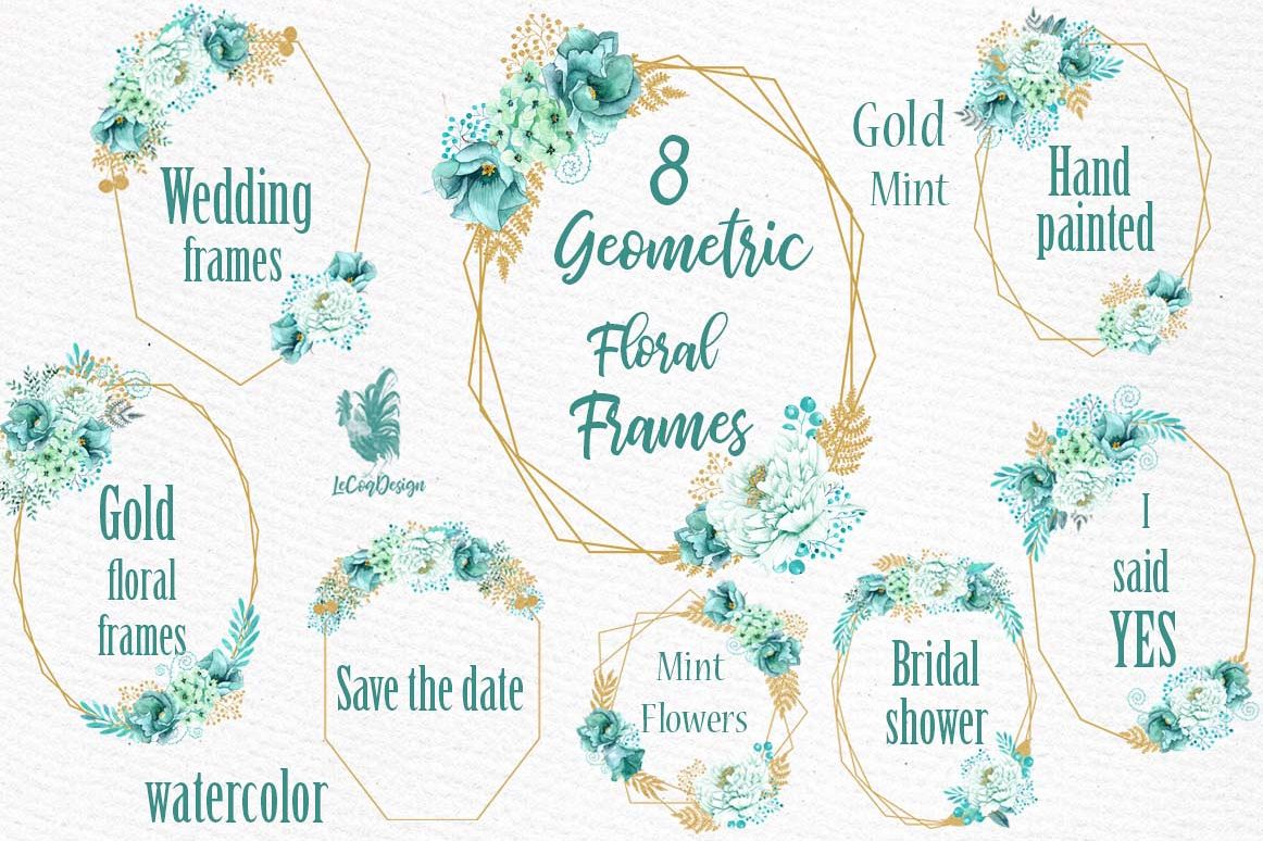 Geometric Frames clipart, GOLD MINT FRAMES, Mint Watercolor example image 1