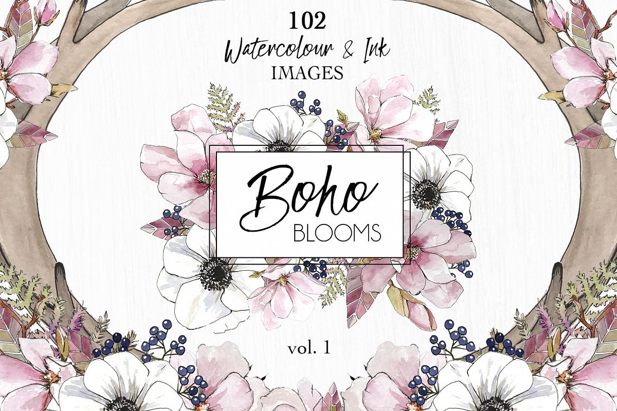 Watercolor & Ink ClipArt Boho Blooms example image 1