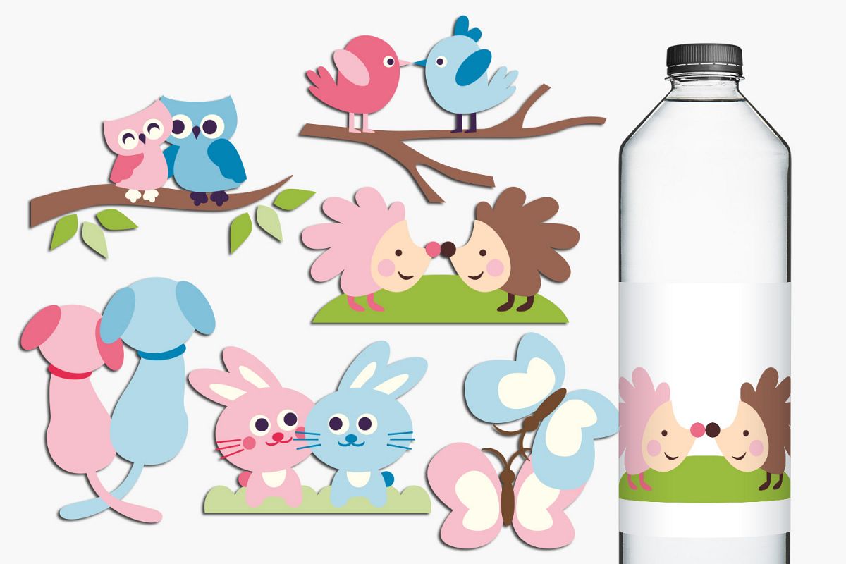 Animals in pairs illustrations - pink blue example image 1
