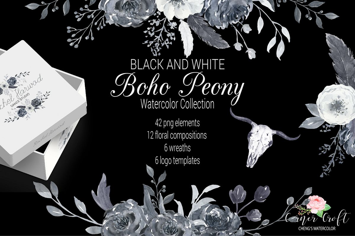 Watercolor Black and White Boho Peony example image 1