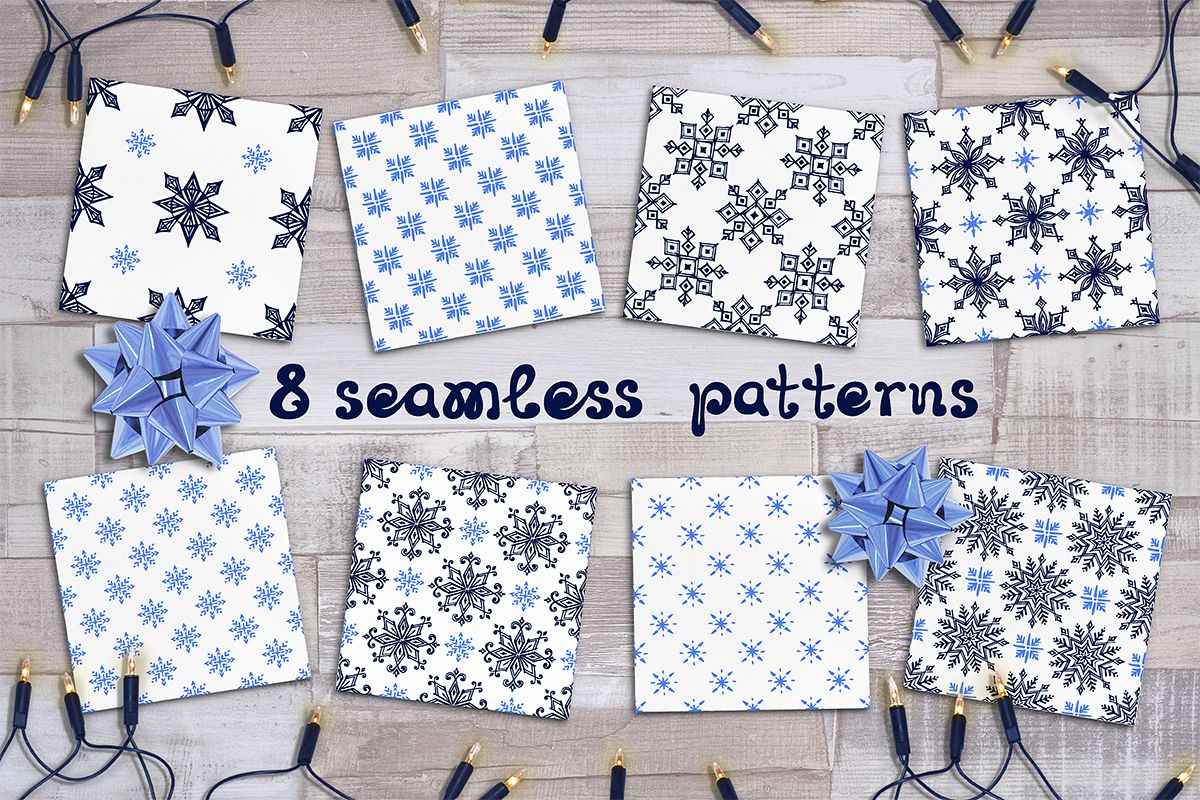 8 hand drawn Christmas seamless patterns with snowflakes example image 1