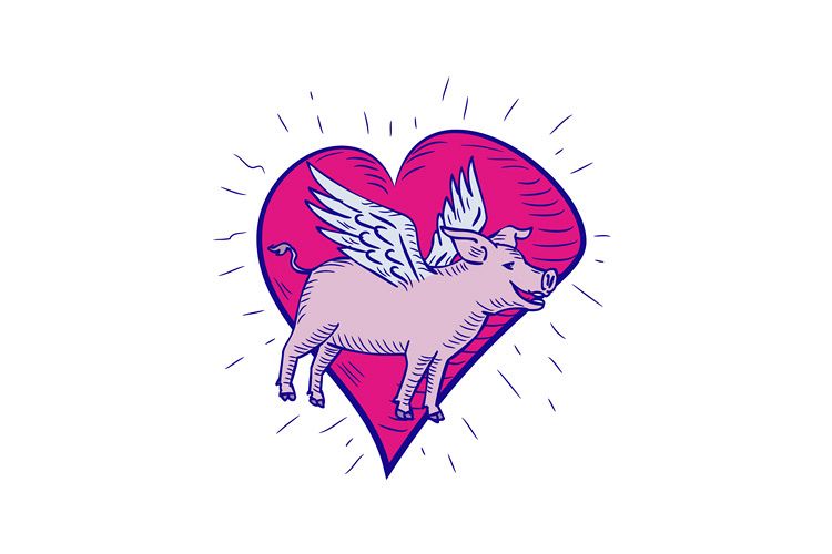 Pig With Wings Flying Heart Doodle example image 1