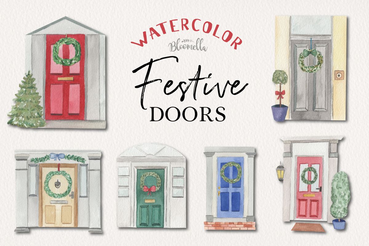 Festive Door Elements Watercolor Bushes Christmas Holidays example image 1