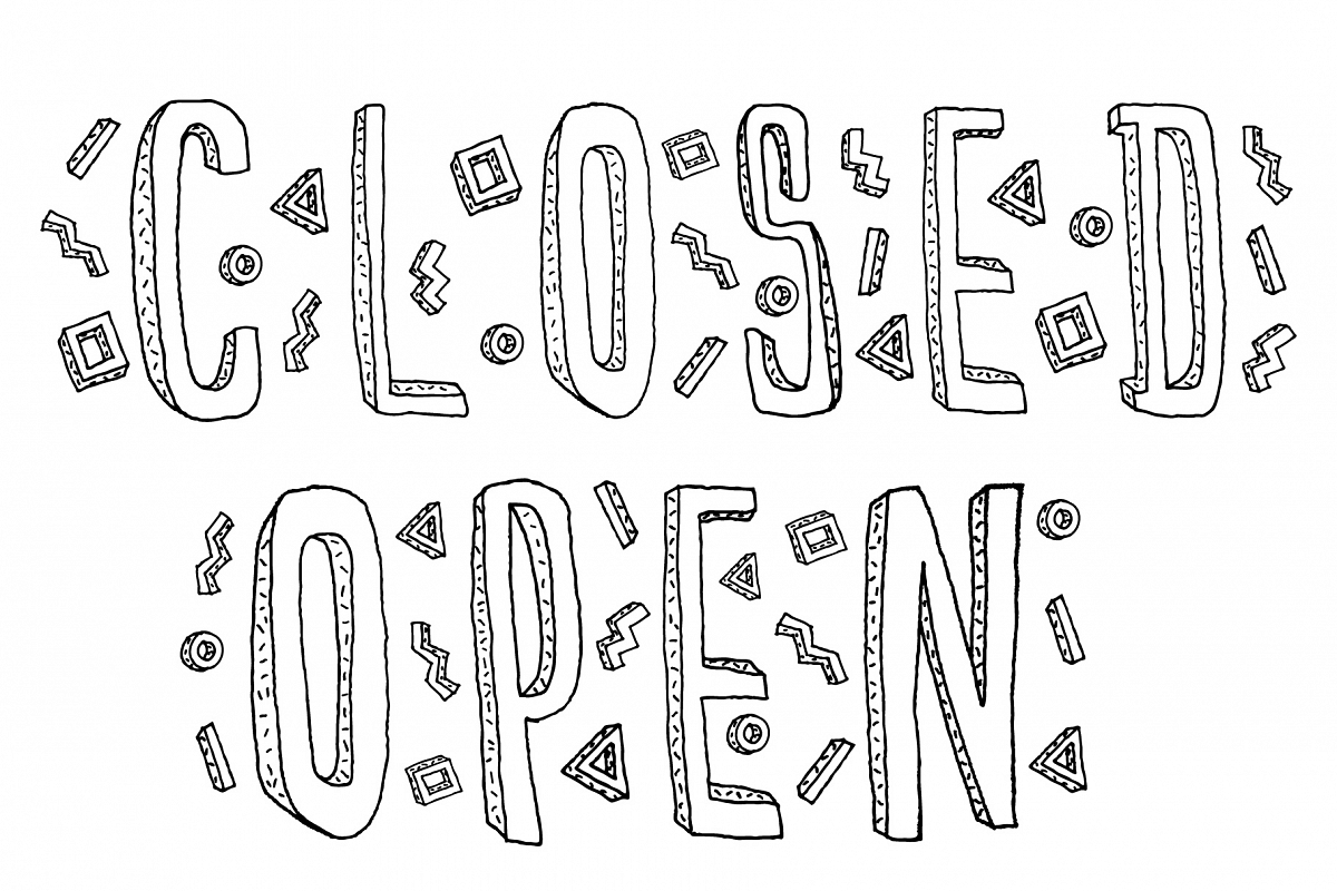 Closed and Open sign. Hand drawn doodle cartoon inscription. example image 1