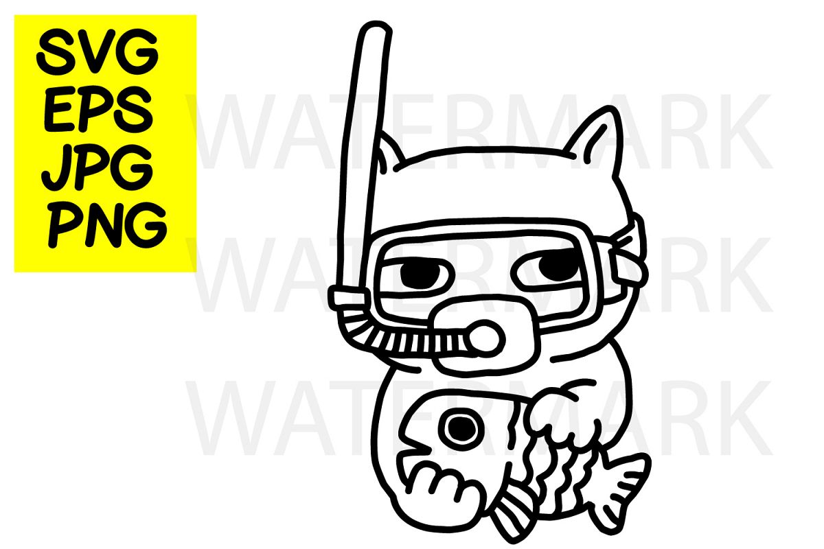 Cat with snorkel catching a fish- SVG-EPS-JPG-PNG example image 1