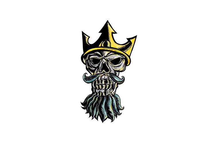 Skull of Neptune Trident Crown Head Woodcut example image 1