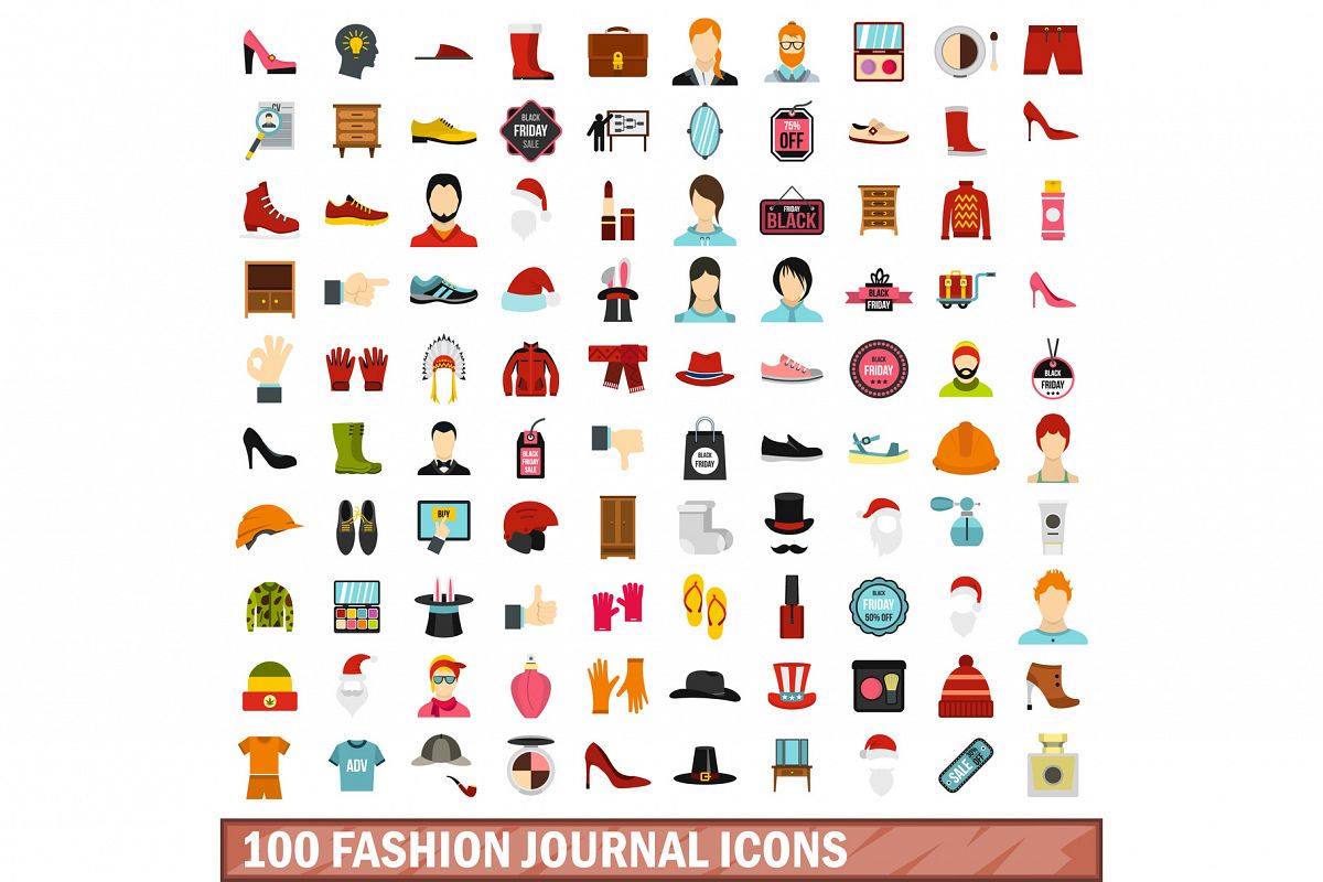 100 fashion journal icons set, flat style example image 1