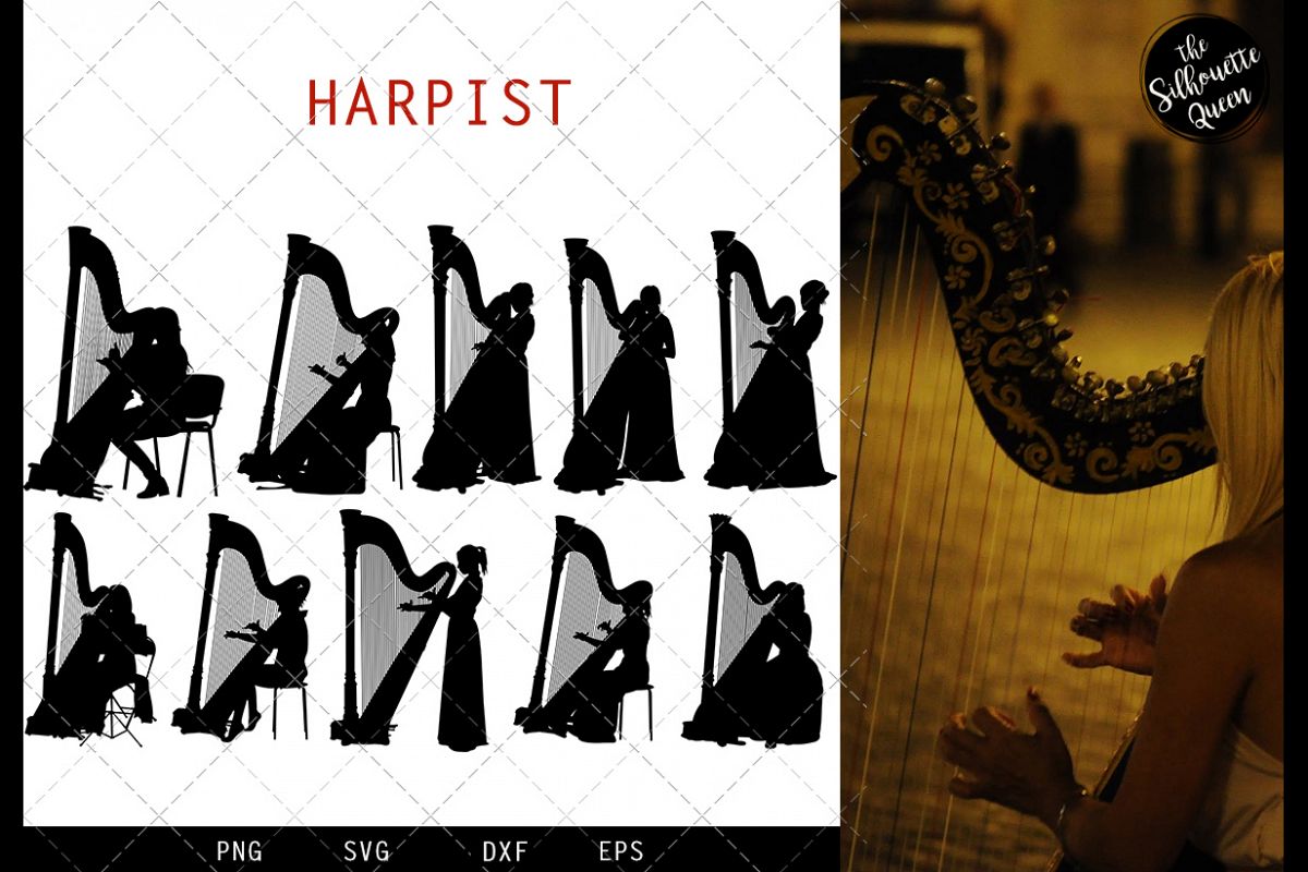 Harpist svg file, musician svg cut file, silhouette studio example image 1