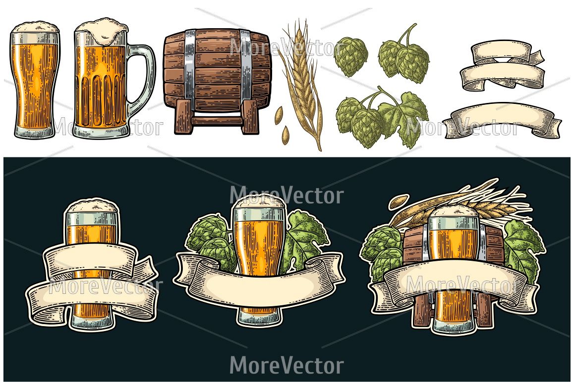 Glass beer with ribbon, barrel, ears of corn and hop branch. example image 1