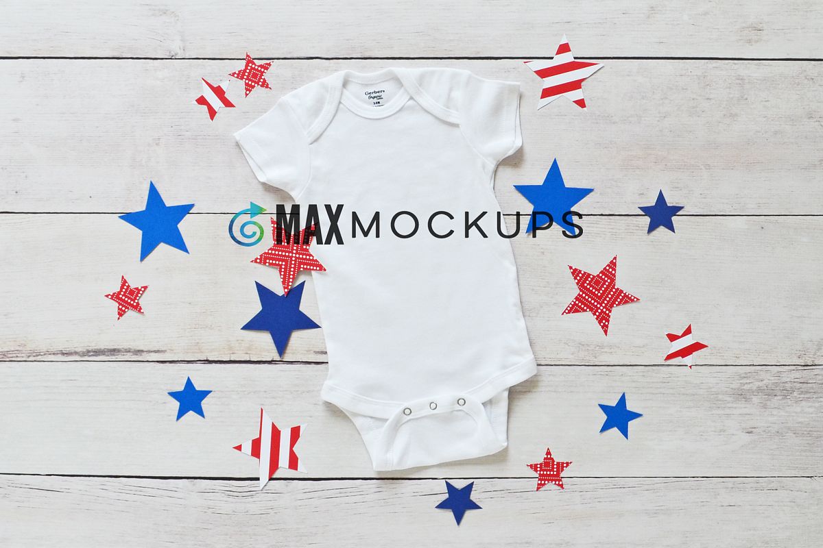White baby bodysuit Mockup, July 4th red white blue stars example image 1