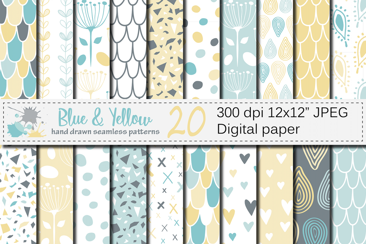 Blue and Yellow Seamless Digital Paper / Pastel Hand drawn patterns / Scales, Hearts, Leaves, Terrazzo Backgrounds example image 1