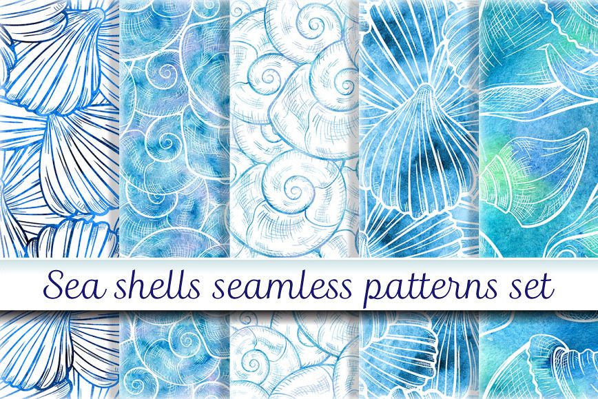 Sea shells seamless patterns set example image 1