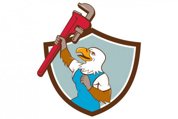 Eagle Plumber Raising Up Pipe Wrench Crest Cartoon example image 1