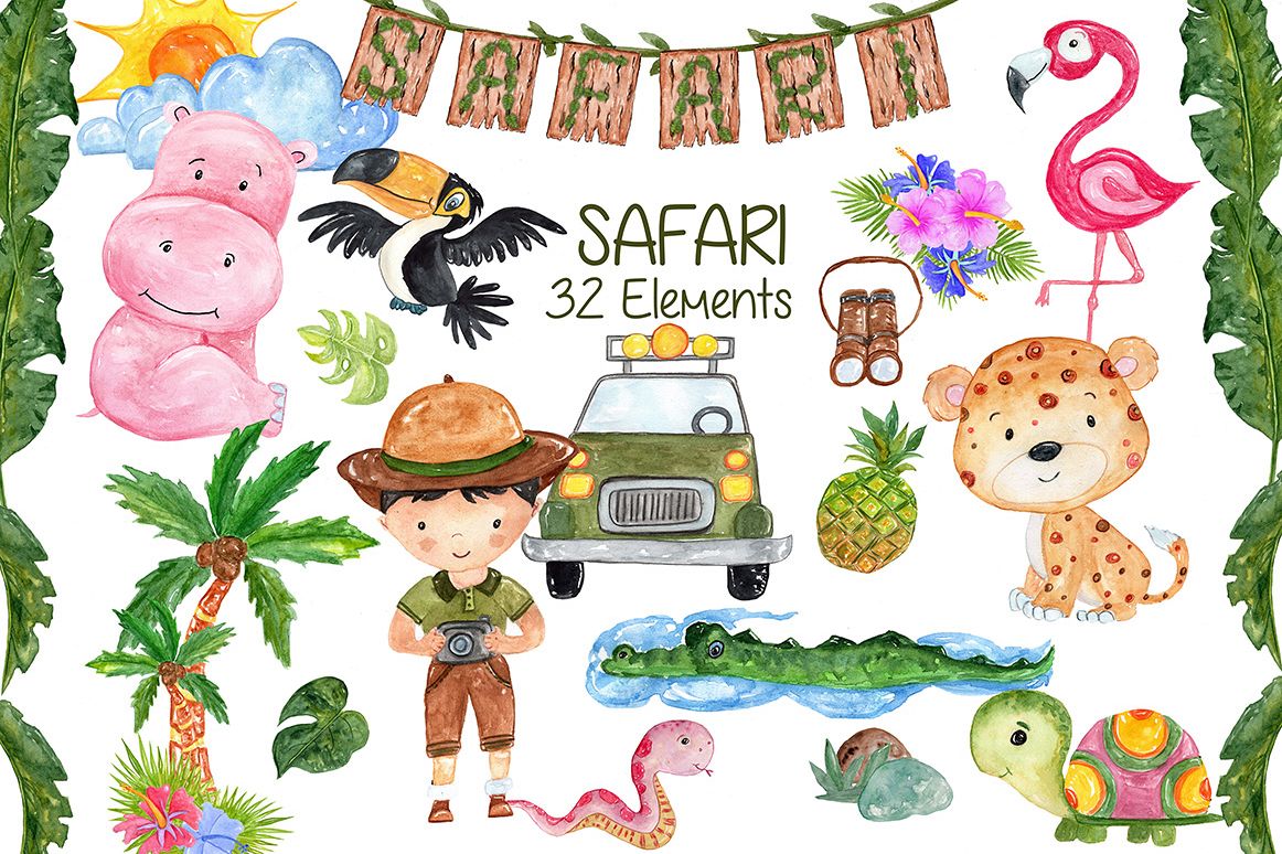 Watercolor African animals clipart example image 1