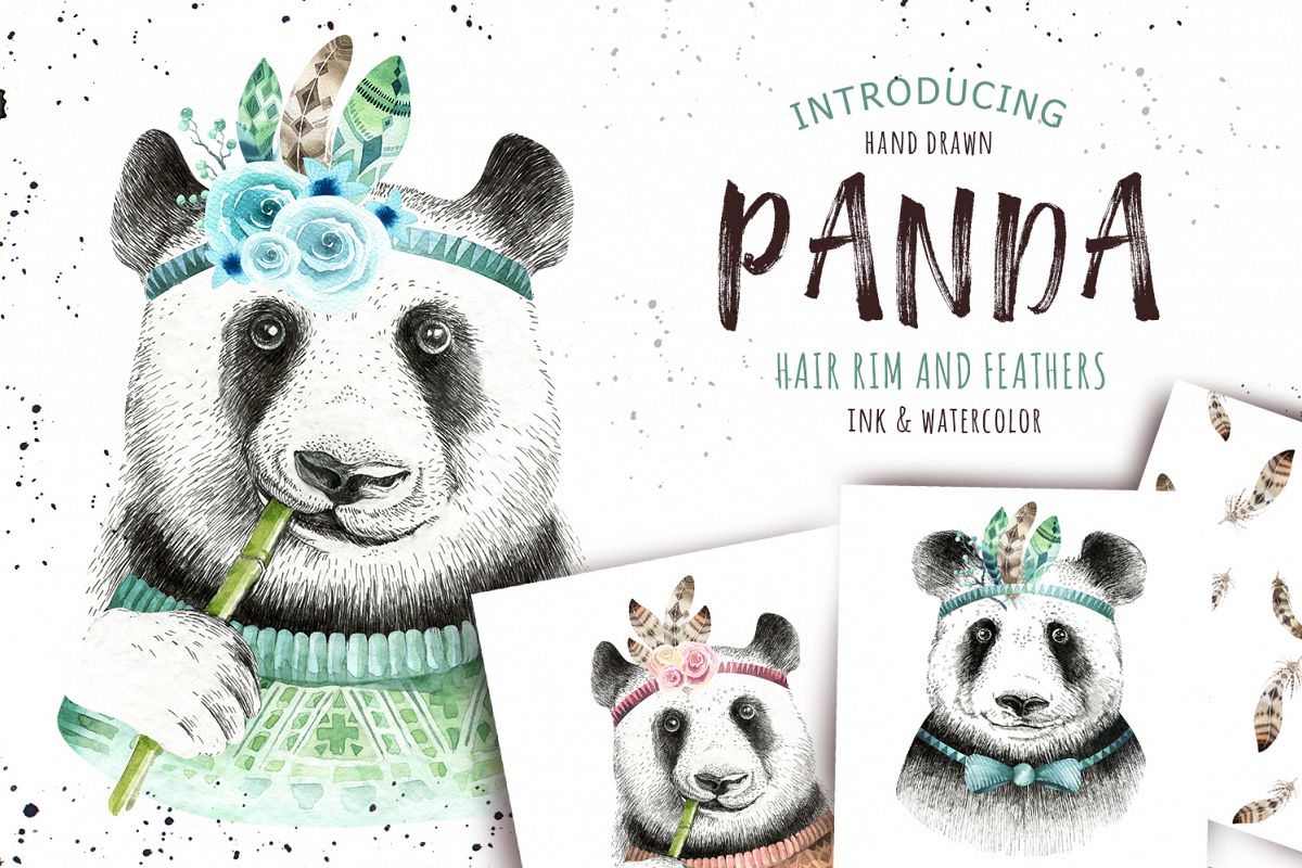 Watercolor panda illustration. Bohemian cute animals. example image 1