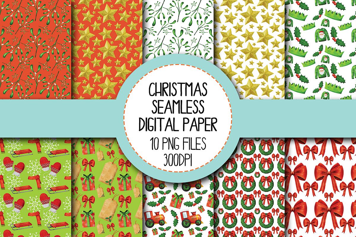 Watercolor Christmas Seamless Digital Papers Set 4 example image 1