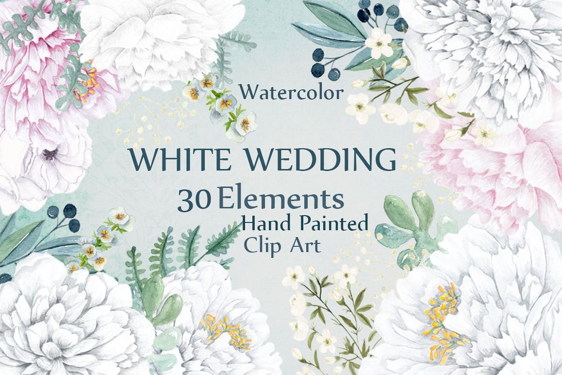 Watercolor white peony flowers clipart example image 1