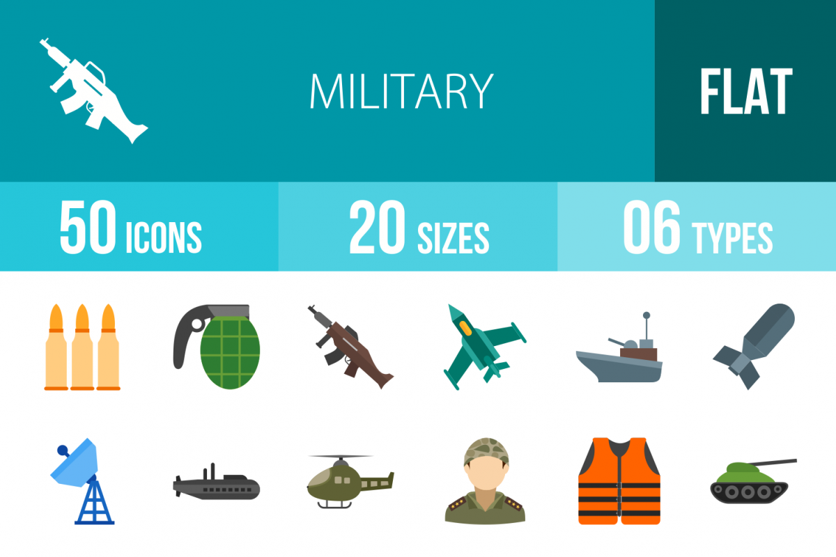 50 Military Flat Multicolor Icons example image 1