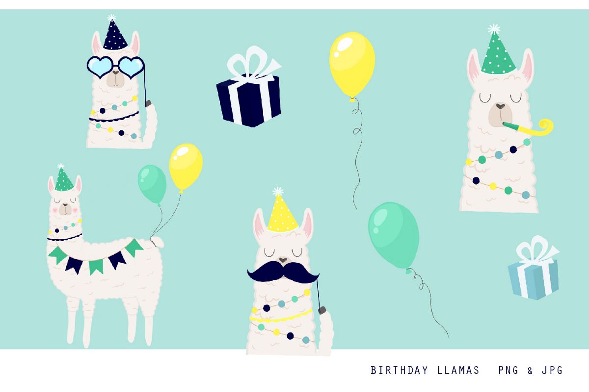 Birthday Llama Clipart Set - 300 dpi, png, jpg, illustration example image 1