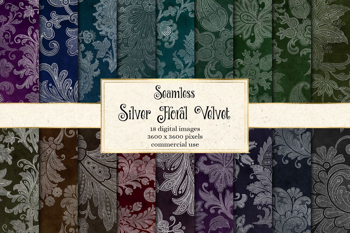 Silver Floral Velvet Digital Paper example image 1