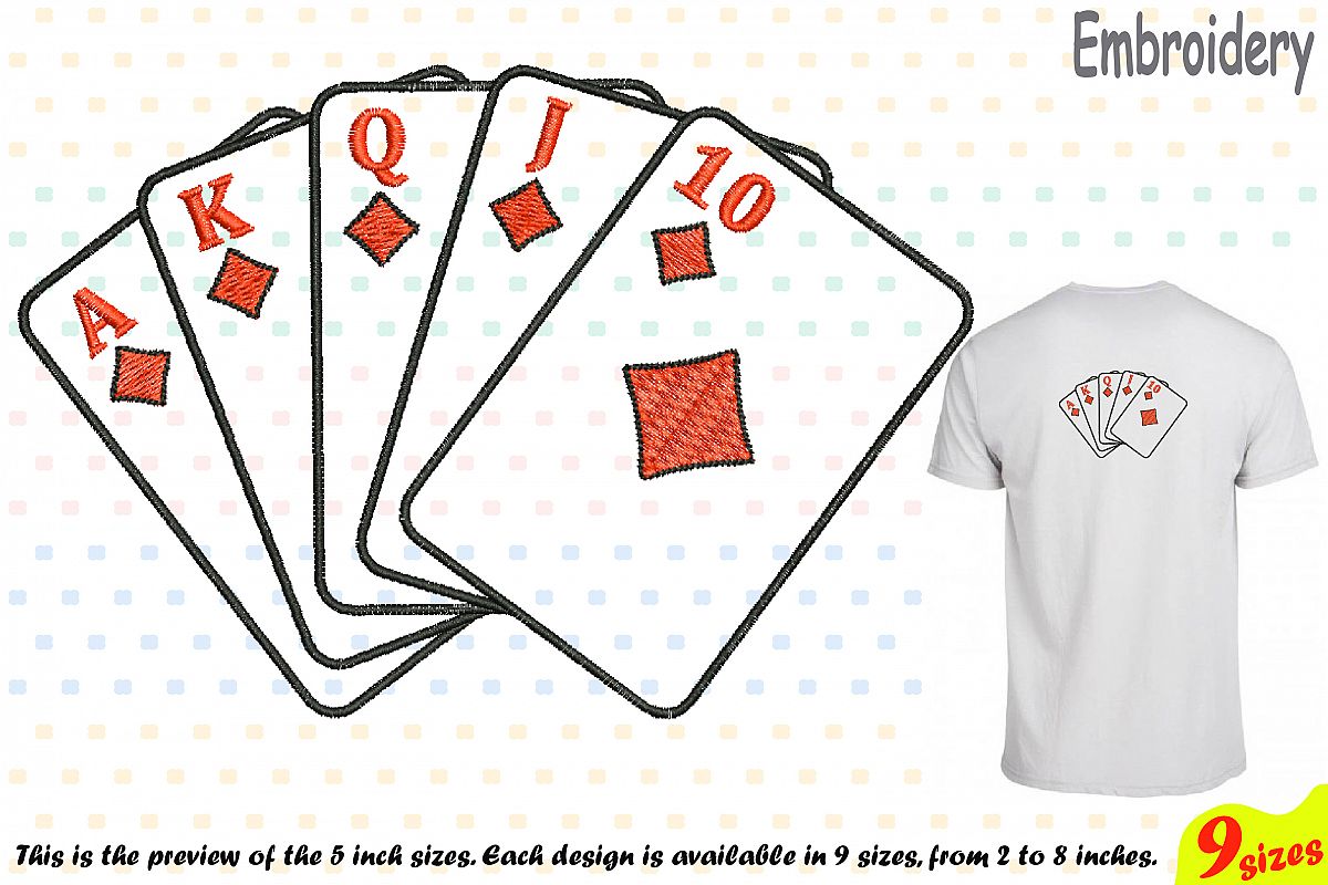 Poker Royal Flush Designs for Embroidery Machine Instant Download Commercial Use digital file 4x4 5x7 hoop symbol sign casino las vegas 196b example image 1