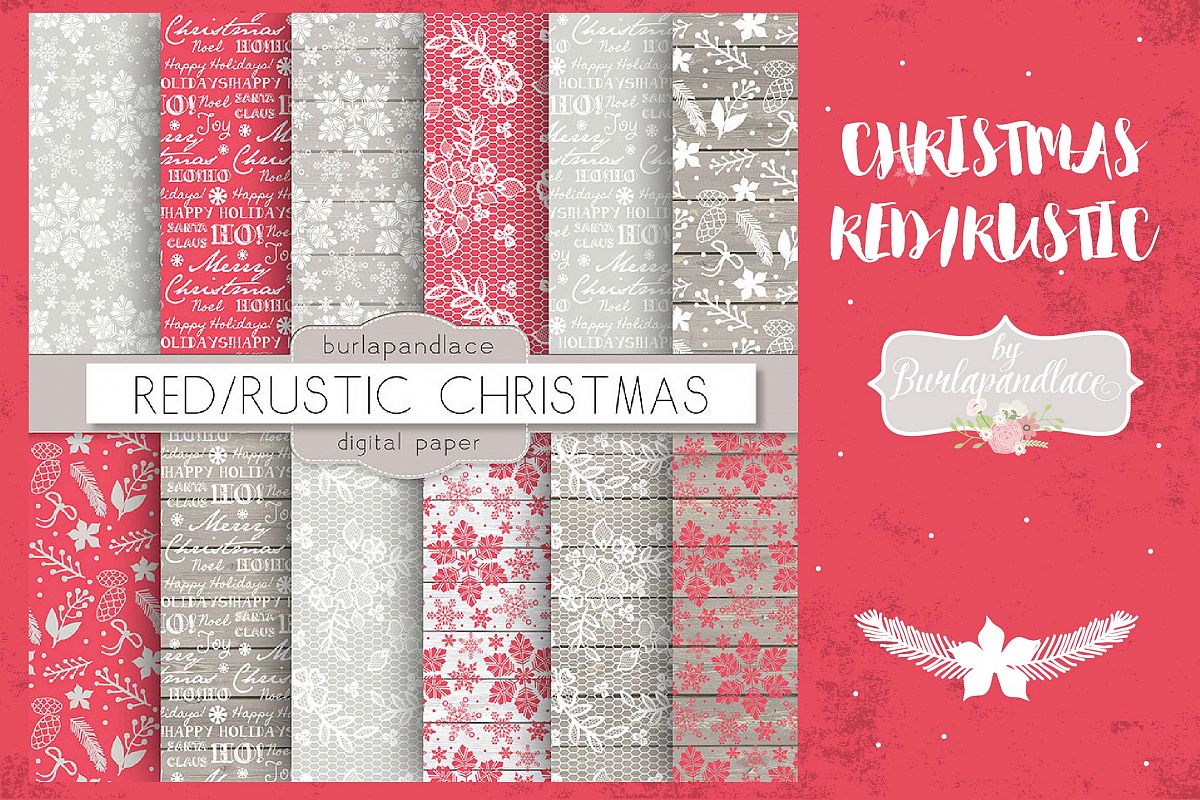 Christmas red rustic digital paper pack example image 1
