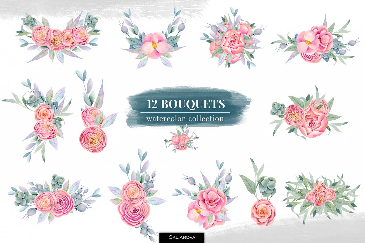 12 Bouquets, Floral boxes watercolor col. example image 1