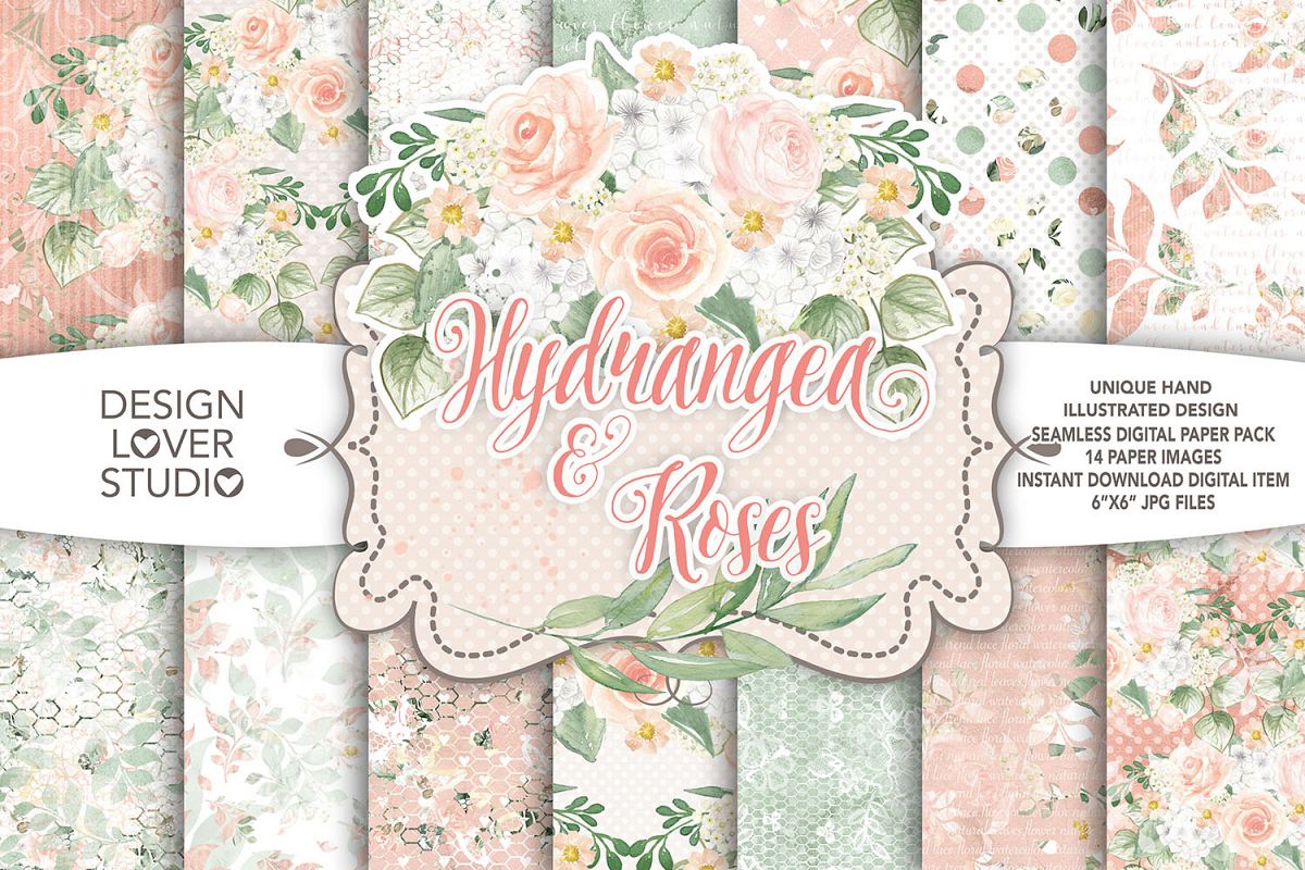 Watercolor Hydrangea and roses digital paper pack example image 1