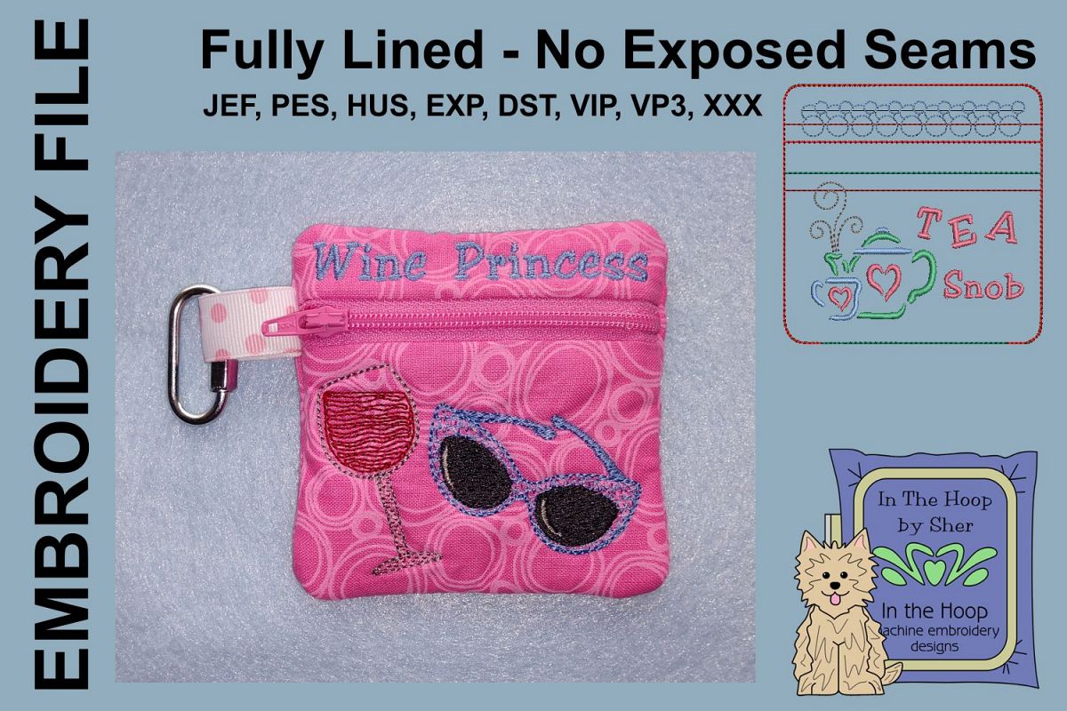 Wine Princess Zipper Bag / Fully Lined, 4X4 HOOP example image 1