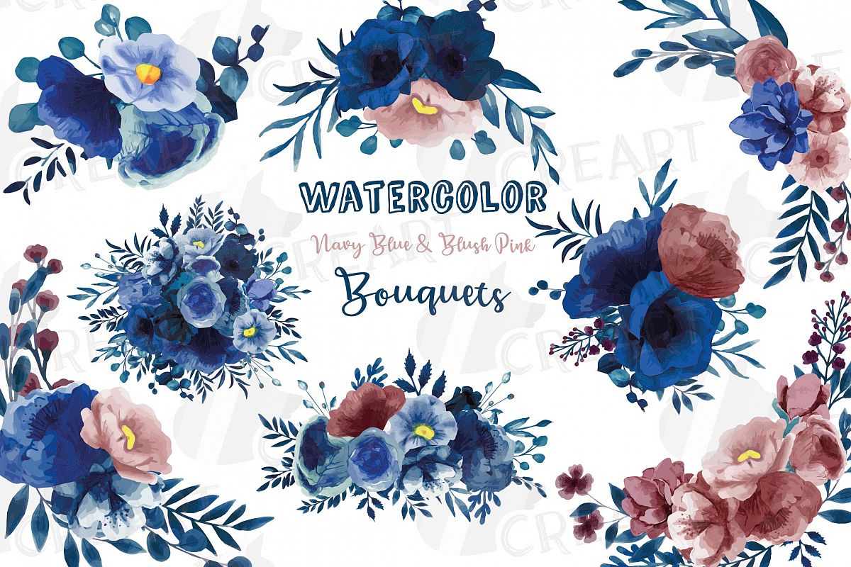 Download Navy blue and blush pink floral watercolor bouquets clip ...