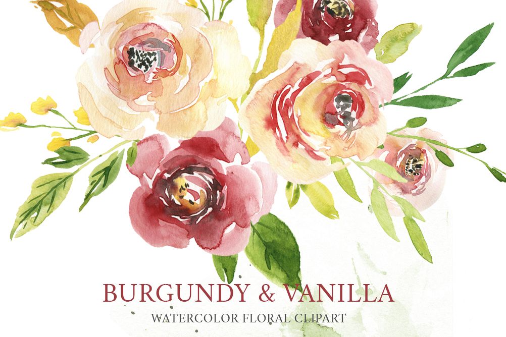 Watercolor burgundy & yellow white creamy flowers example image 1