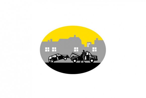 Tow Truck Towing Car Buildings Oval Woodcut example image 1